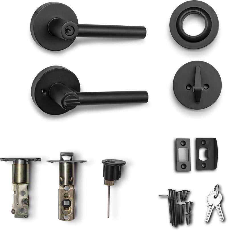 Berlin Modisch Entry Lever Door Handle and Single Cylinder Deadbolt Lock and Key Sleek Round Locking Lever Handle Set [Front Door or Office] Right & Left Sided Doors Heavy Duty â€“ Iron Black Finish - Image 5